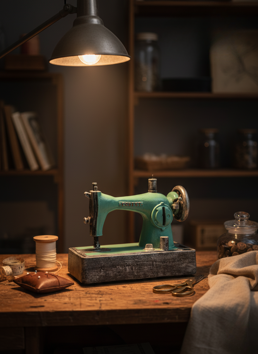 ماكينة خياطة صغيرة مصنوعة يدويًا - قطعة ديكور باللونين الفيروزي والرمادي للمنزل والمكتب