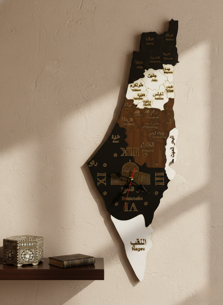 Wooden Wall Clock – Palestine Map Design – Laser-Cut CNC Artwork