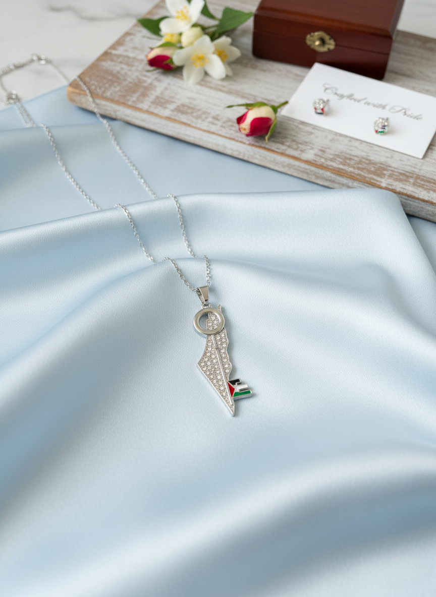 قلادة خريطة فلسطين الفضية مع مفتاح