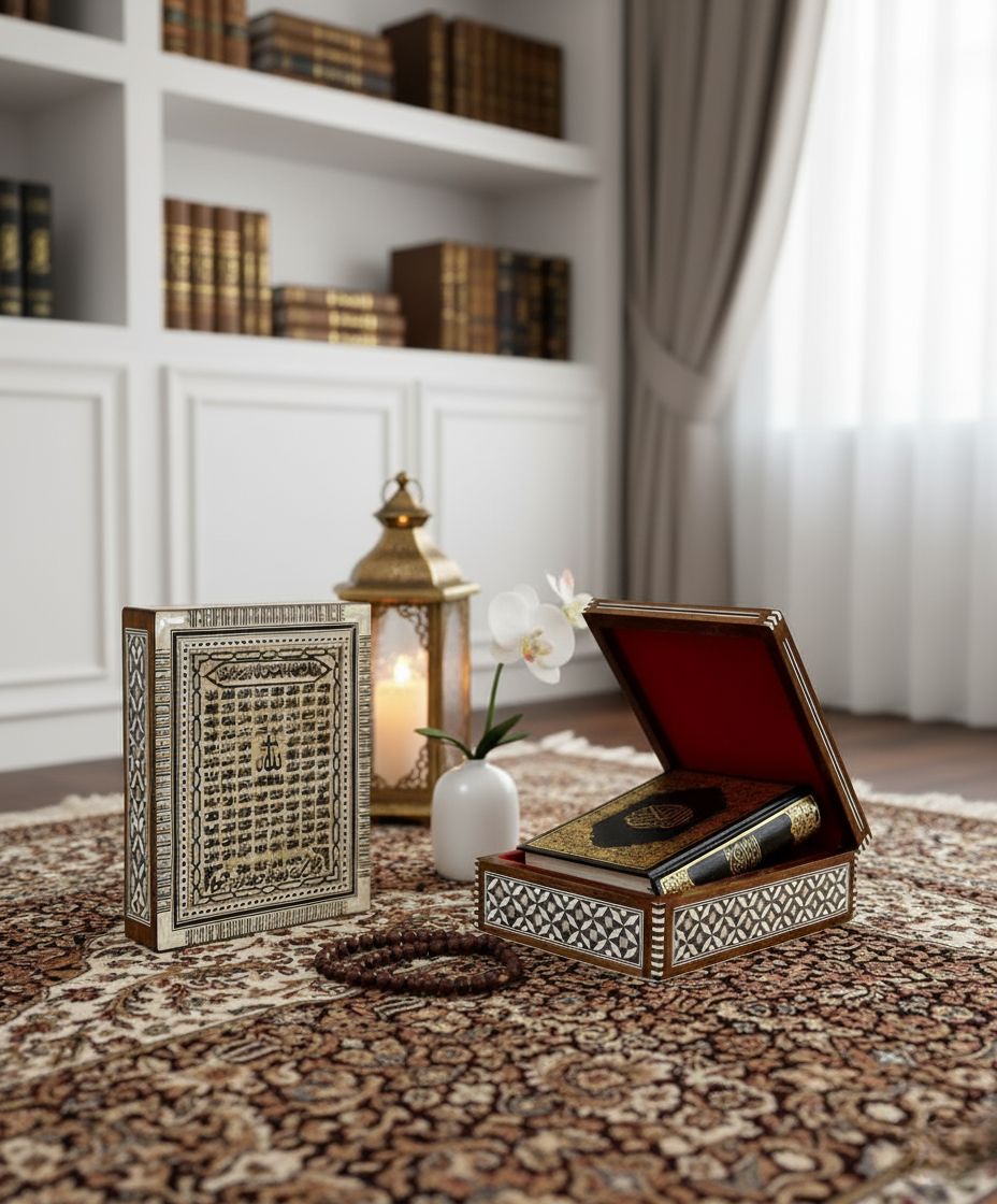 صندوق قرآن كريم من الفسيفساء المصرية | أسماء الله الحسنى وبطانة داخلية حمراء