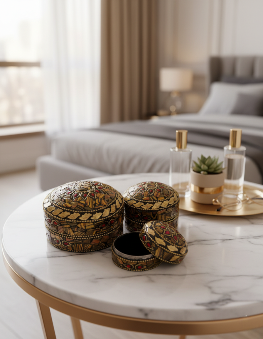 مجموعة من ٣ صناديق معدنية دائرية من الفسيفساء | تصميم هندي عتيق