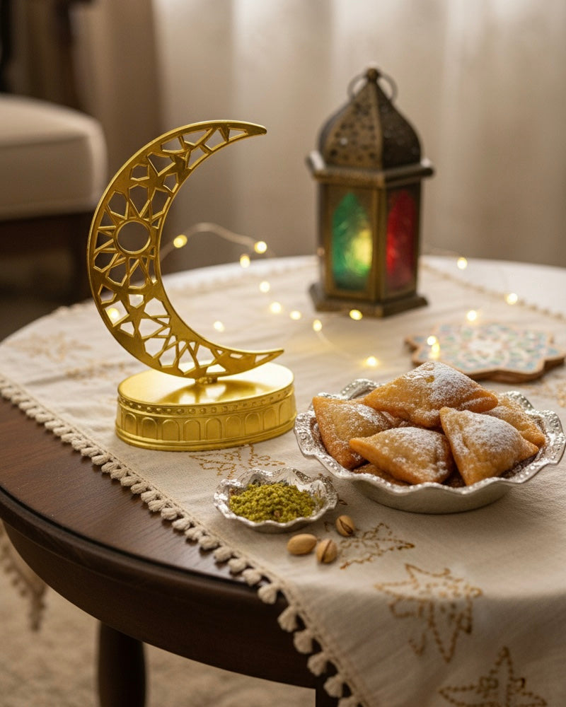 Golden Ramadan Crescent Moon Table Decoration - Plastic Tabletop Ornament