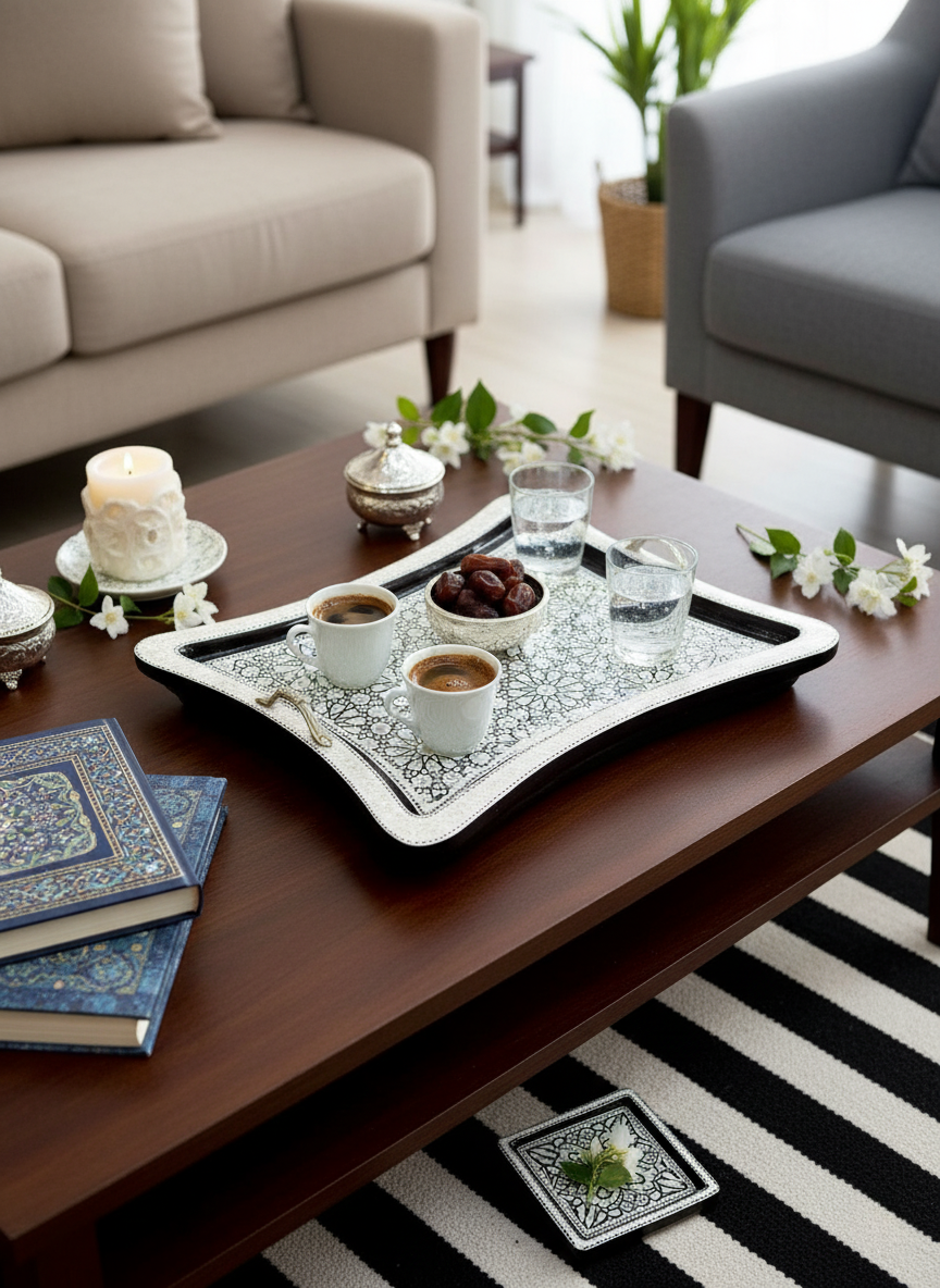 صينية خشبية مطعمة بالفسيفساء المصرية | أرابيسك تقليدي مصنوع يدويًا