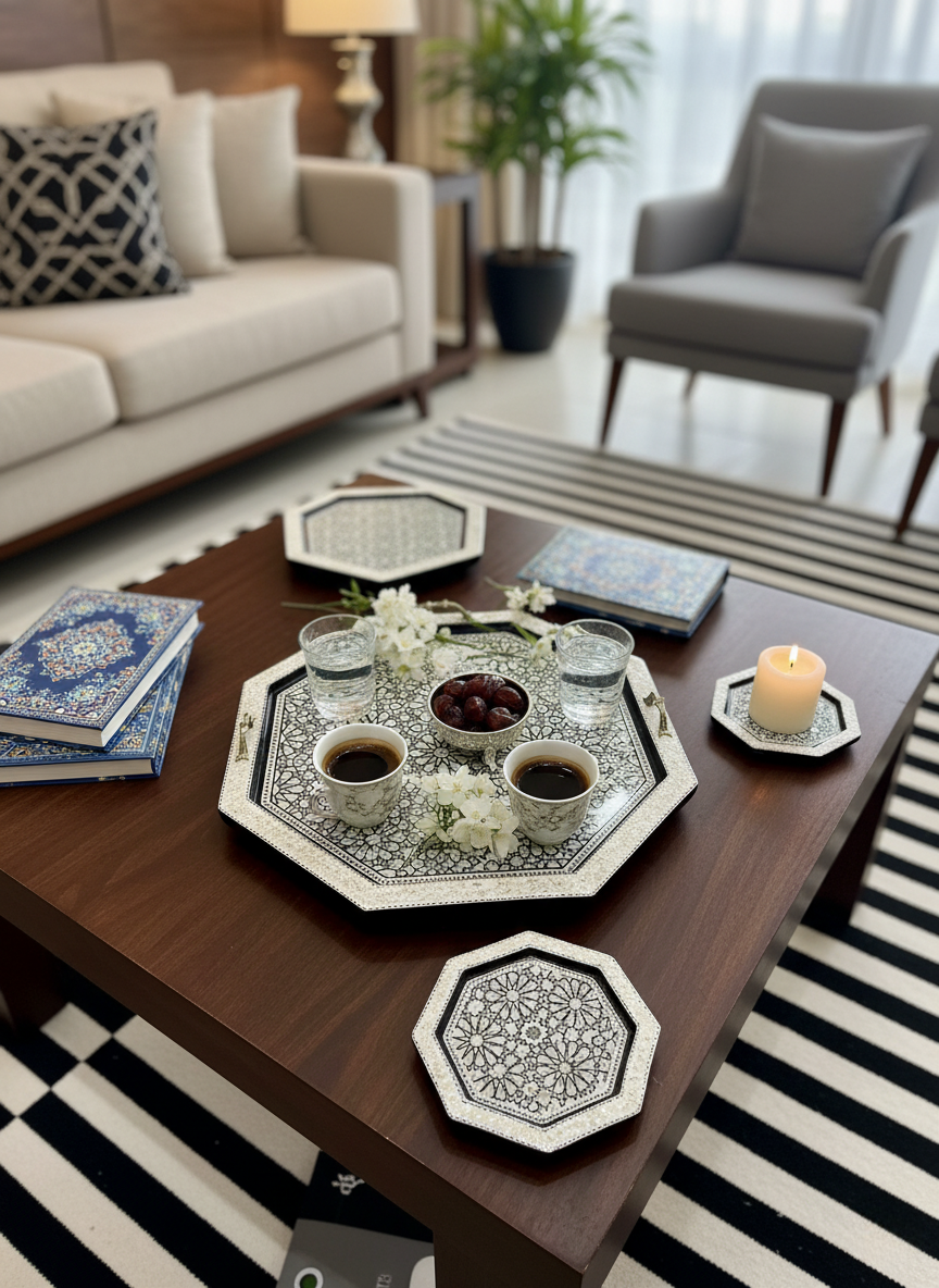 Egyptian Mosaic Inlaid Wooden Tray | Traditional Handmade Arabesque