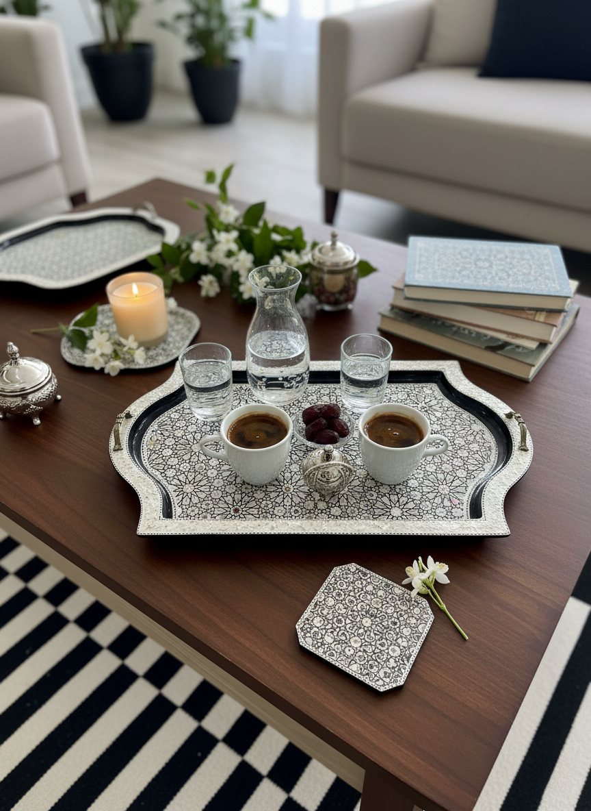 Egyptian Mosaic Inlaid Wooden Tray | Traditional Handmade Arabesque