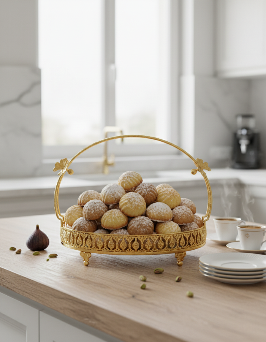 صينية حلويات نحاسية أنيقة مع طبق زجاجي ومقبض