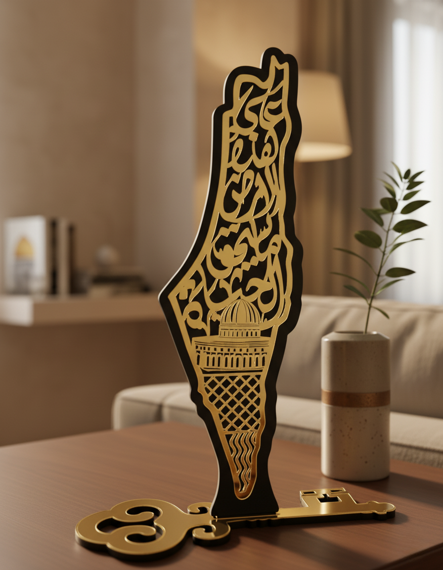 Palestine Map Wooden Decor | Gold Accent Key Base