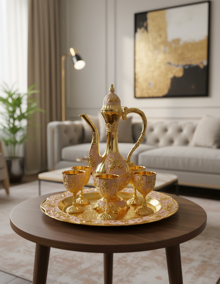 صينية دائرية مزخرفة مع أكواب | مركز نحاسي