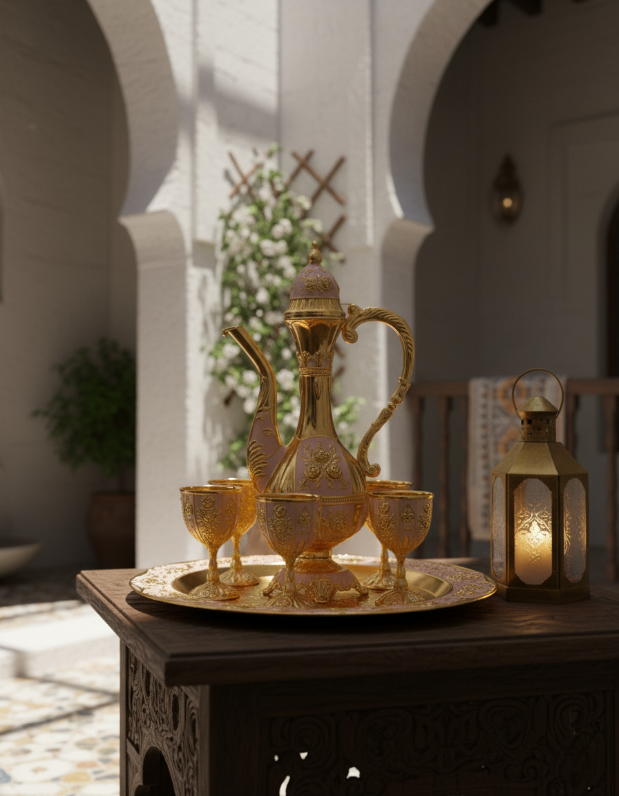 صينية دائرية مزخرفة مع أكواب | مركز نحاسي