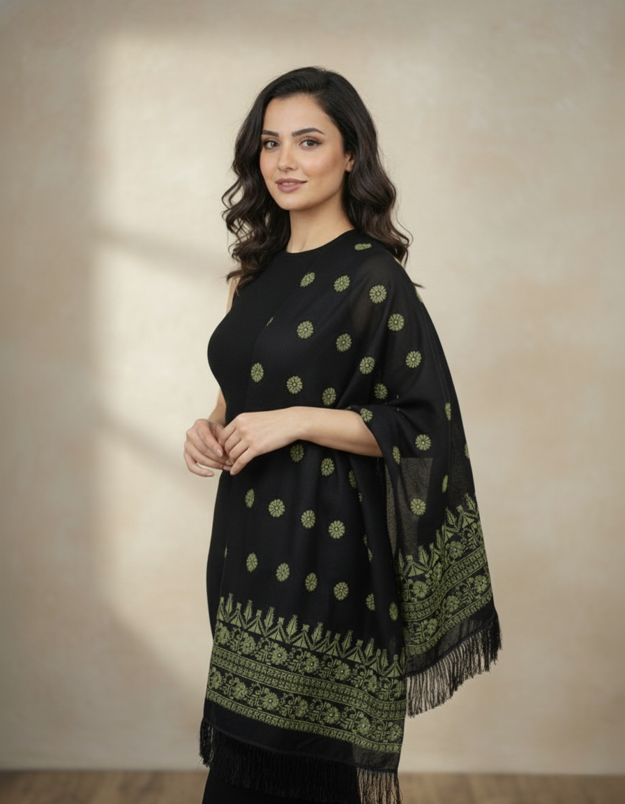 Women's Black Hand-Embroidered Georgette Scarf - Versatile - Traditional Design