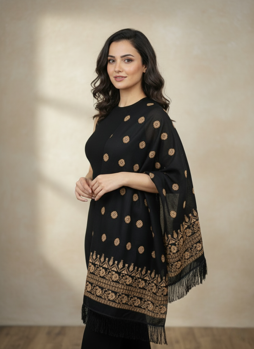 Women's Black Hand-Embroidered Georgette Scarf - Versatile - Traditional Design