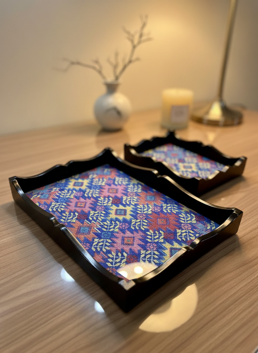 Embroidered Wooden Serving Trays with Glass Top – Handmade Gift for Ramadan & Special Occasions