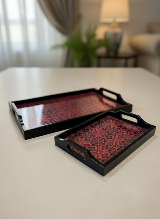 Embroidered Wooden Serving Trays with Glass Top – Handmade Gift for Ramadan & Special Occasions