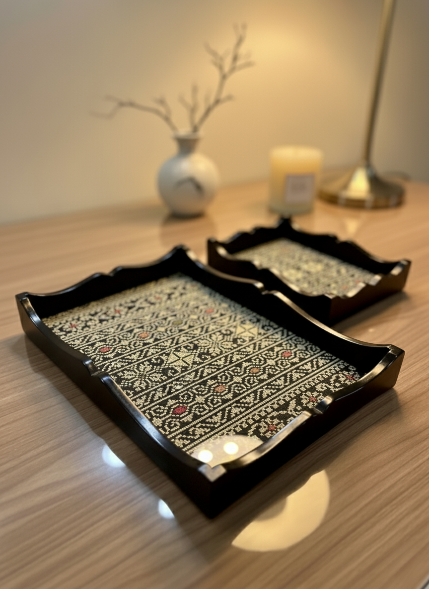 Embroidered Wooden Serving Trays with Glass Top – Handmade Gift for Ramadan & Special Occasions