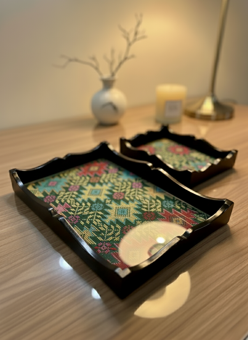 Embroidered Wooden Serving Trays with Glass Top – Handmade Gift for Ramadan & Special Occasions