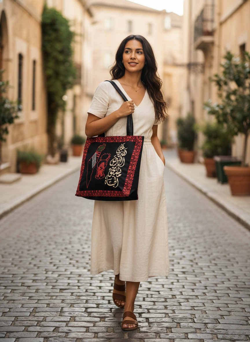 Embroidered Velvet Shoulder Bag - "On This Land, Life Is Worth Living" | Palestinian Heritage