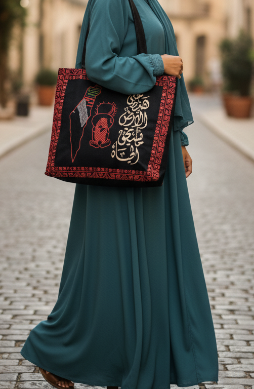 Embroidered Velvet Shoulder Bag - "On This Land, Life Is Worth Living" | Palestinian Heritage