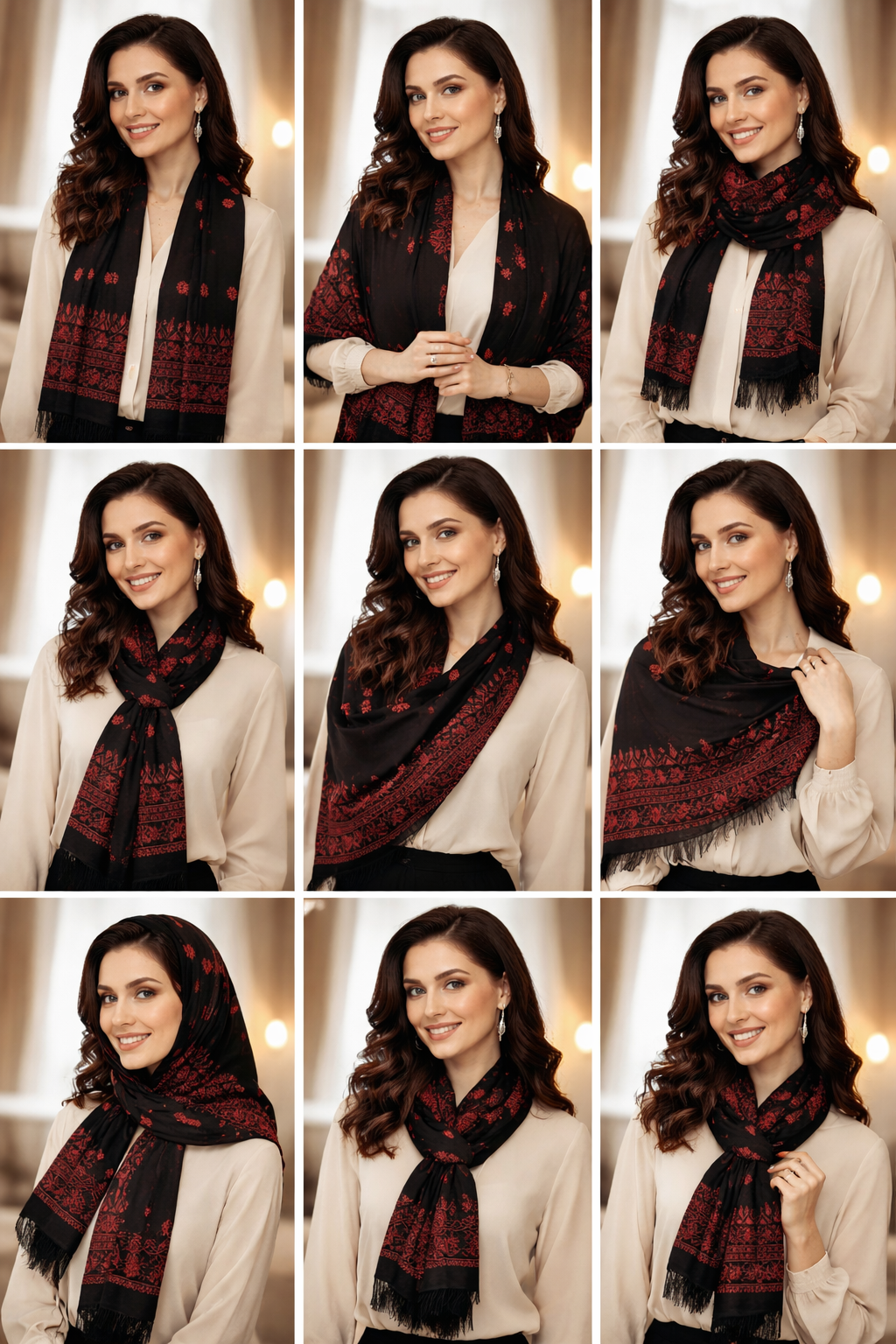 Women's Black Hand-Embroidered Georgette Scarf - Versatile - Traditional Design