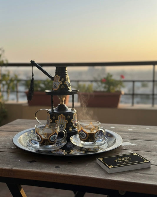 Arabic Coffee Set - Brass Dallah with Warmer & Glass Cups