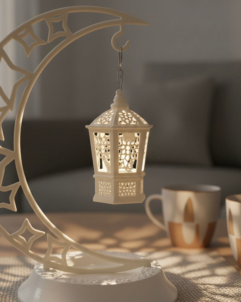 White Plastic Ramadan Crescent Moon with Lantern Decoration