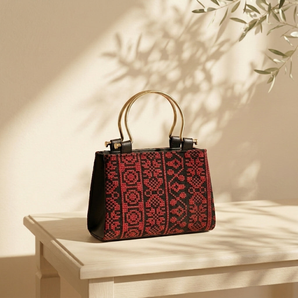 Classic Embroidered Fabric Handbag — Lightweight Casual Tote with Gold-Tone Handle