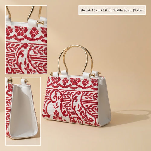 Classic Embroidered Fabric Handbag — Lightweight Casual Tote with Gold-Tone Handle