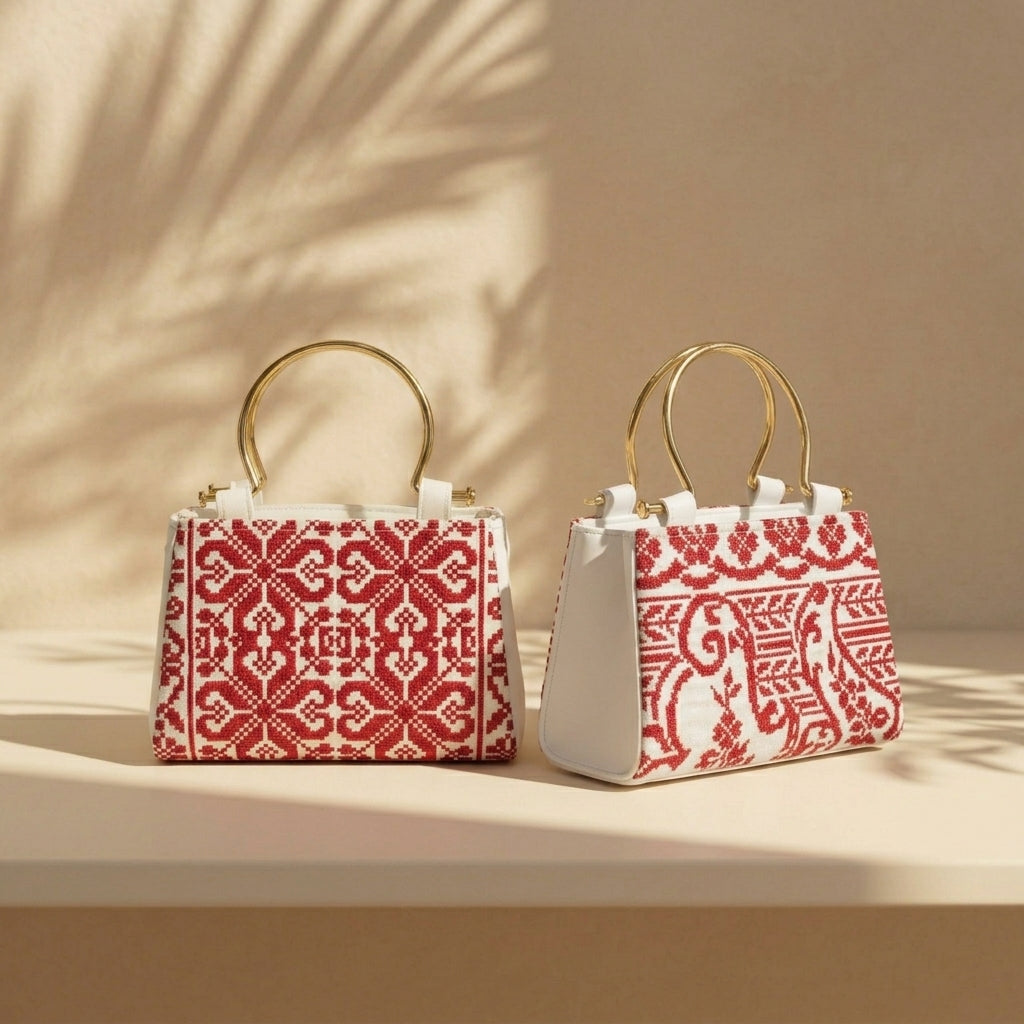 Classic Embroidered Fabric Handbag — Lightweight Casual Tote with Gold-Tone Handle