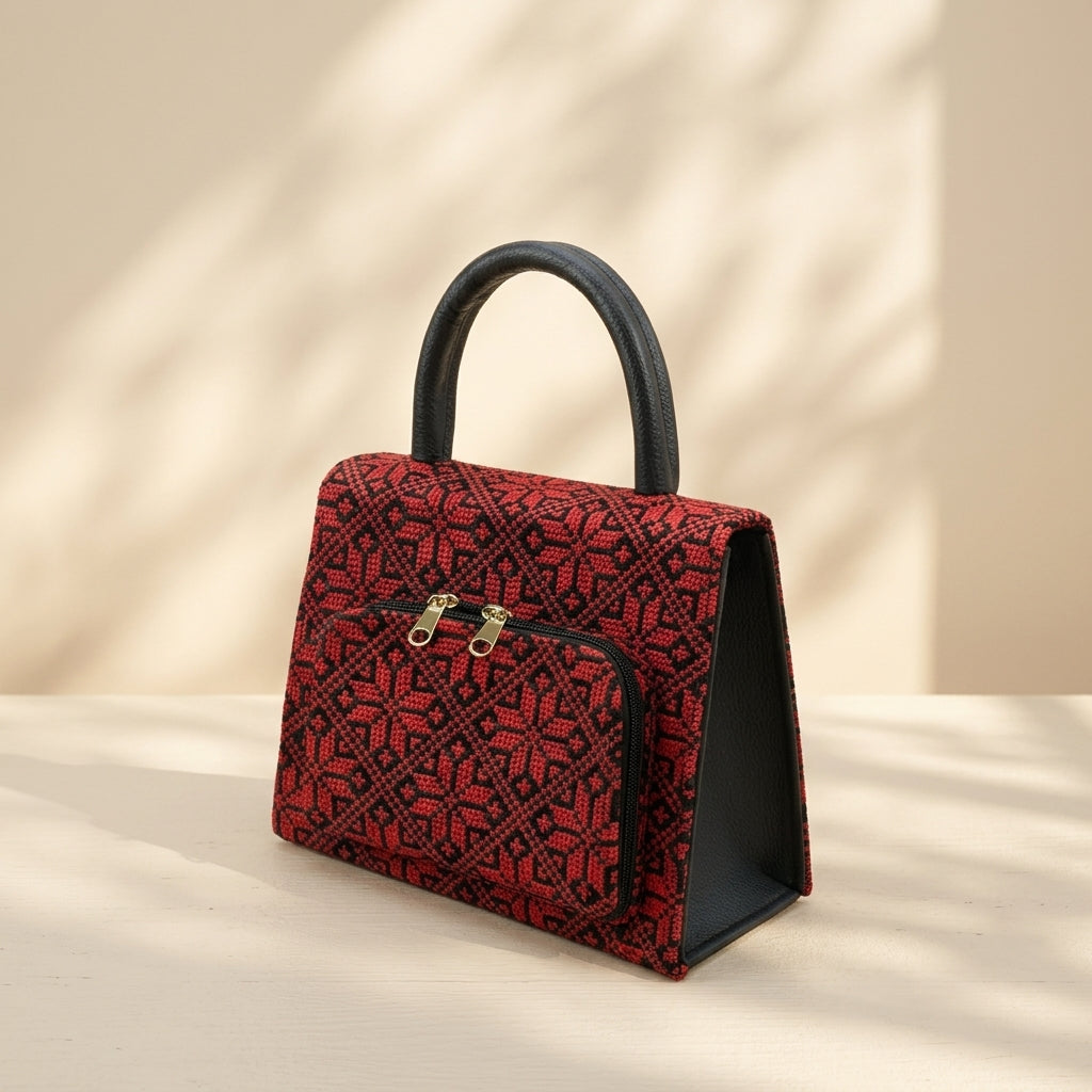 Classic Embroidered Fabric Handbag — Lightweight Casual Tote with Gold-Tone Handle