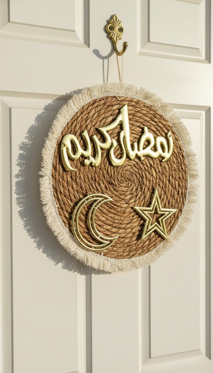 Ramadan Kareem Door Hanger - Round Burlap with Gold Lettering