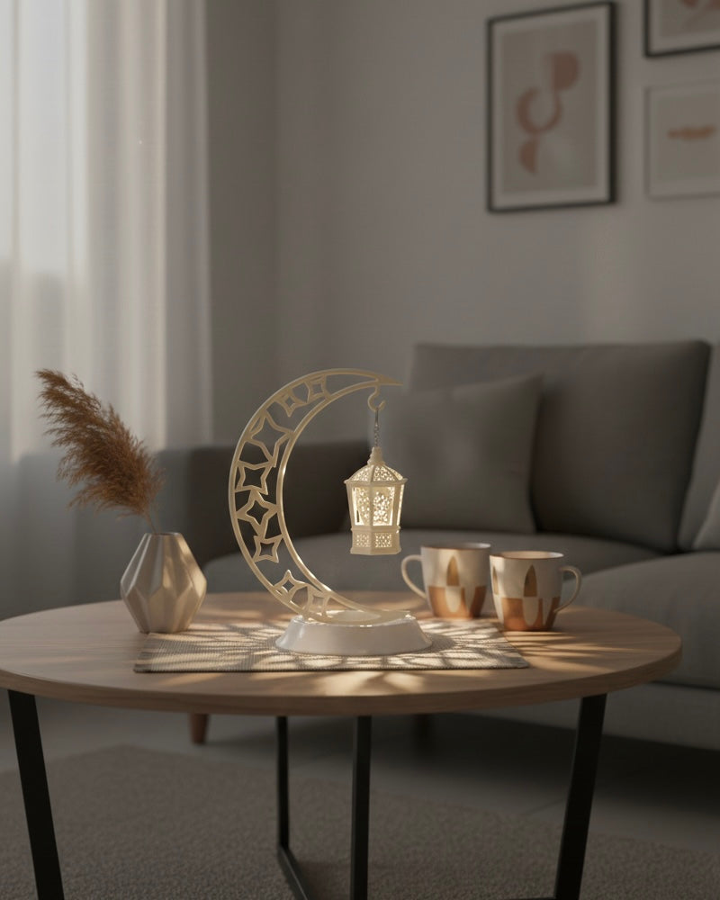 White Plastic Ramadan Crescent Moon with Lantern Decoration