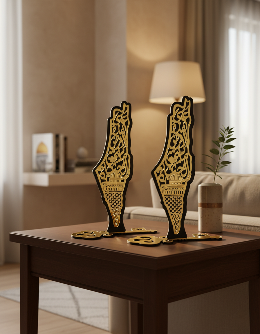 Palestine Map Wooden Decor | Gold Accent Key Base