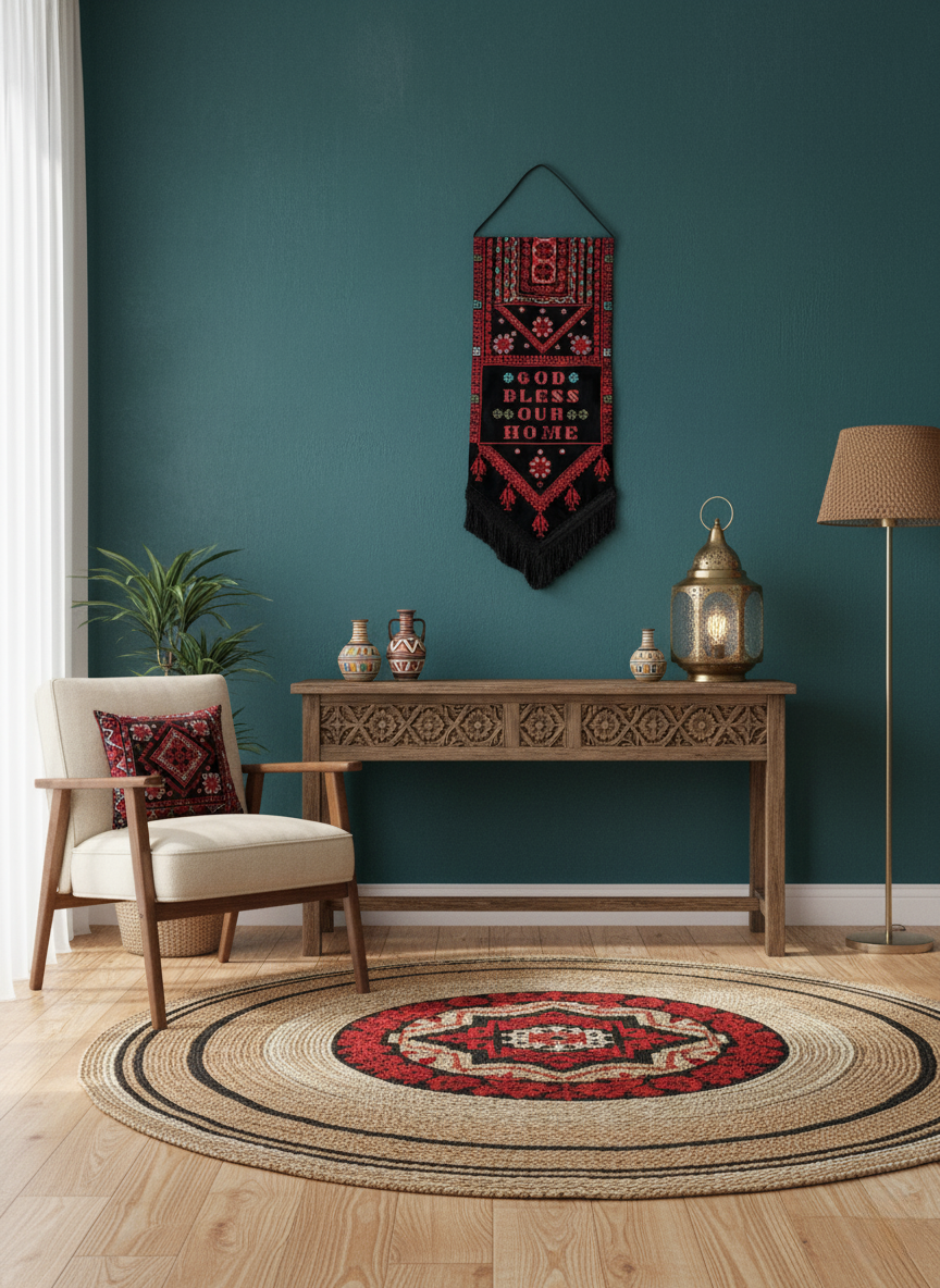 Modern Embroidered Fabric Wall Art | Black & Red