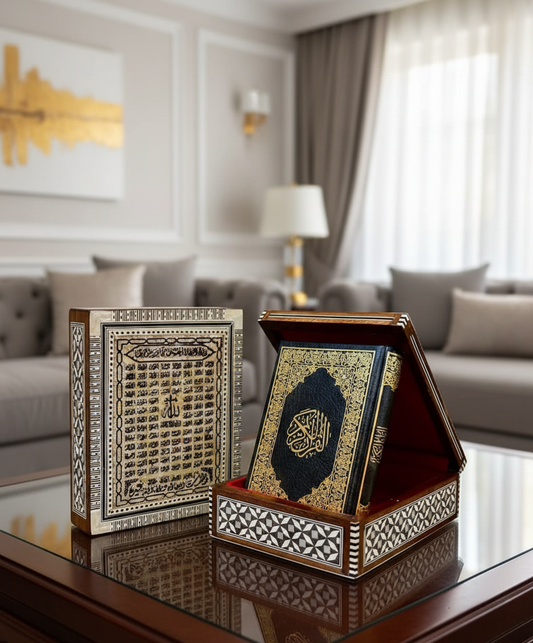 صندوق قرآن كريم من الفسيفساء المصرية | أسماء الله الحسنى وبطانة داخلية حمراء