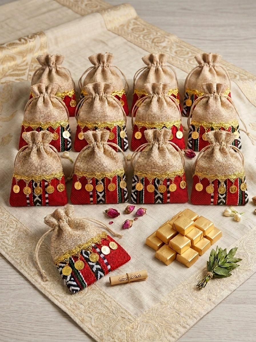 Handmade Heritage Drawstring Gift Bags — Set of 12 | Burlap & Palestinian Embroidery