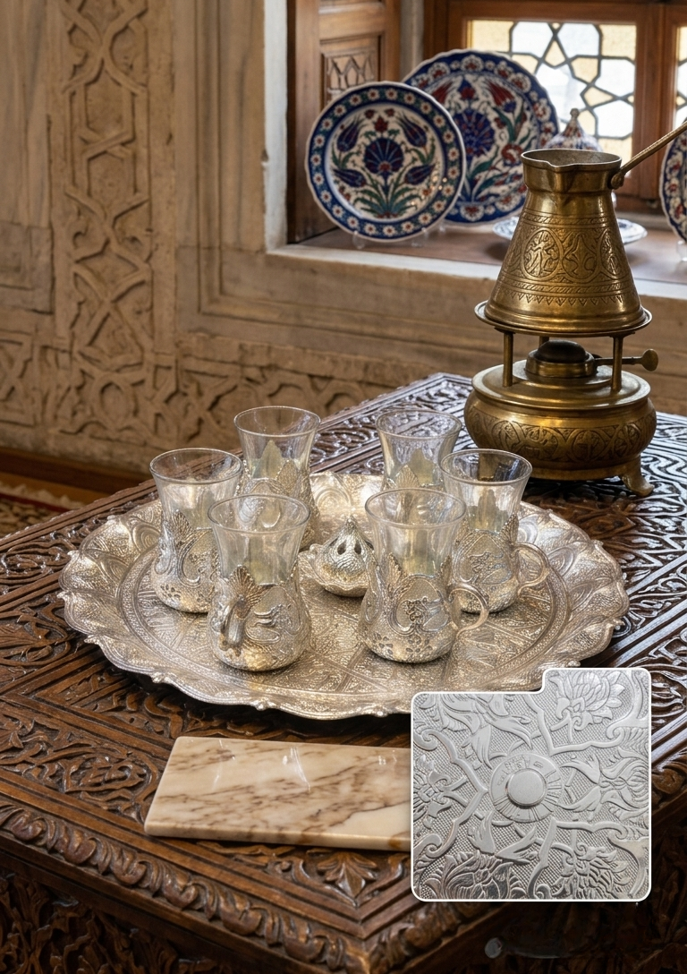 Turkish Tea Set | Ornate Silver Zamac Tray & 6 Glass Cups with Sugar Bowl