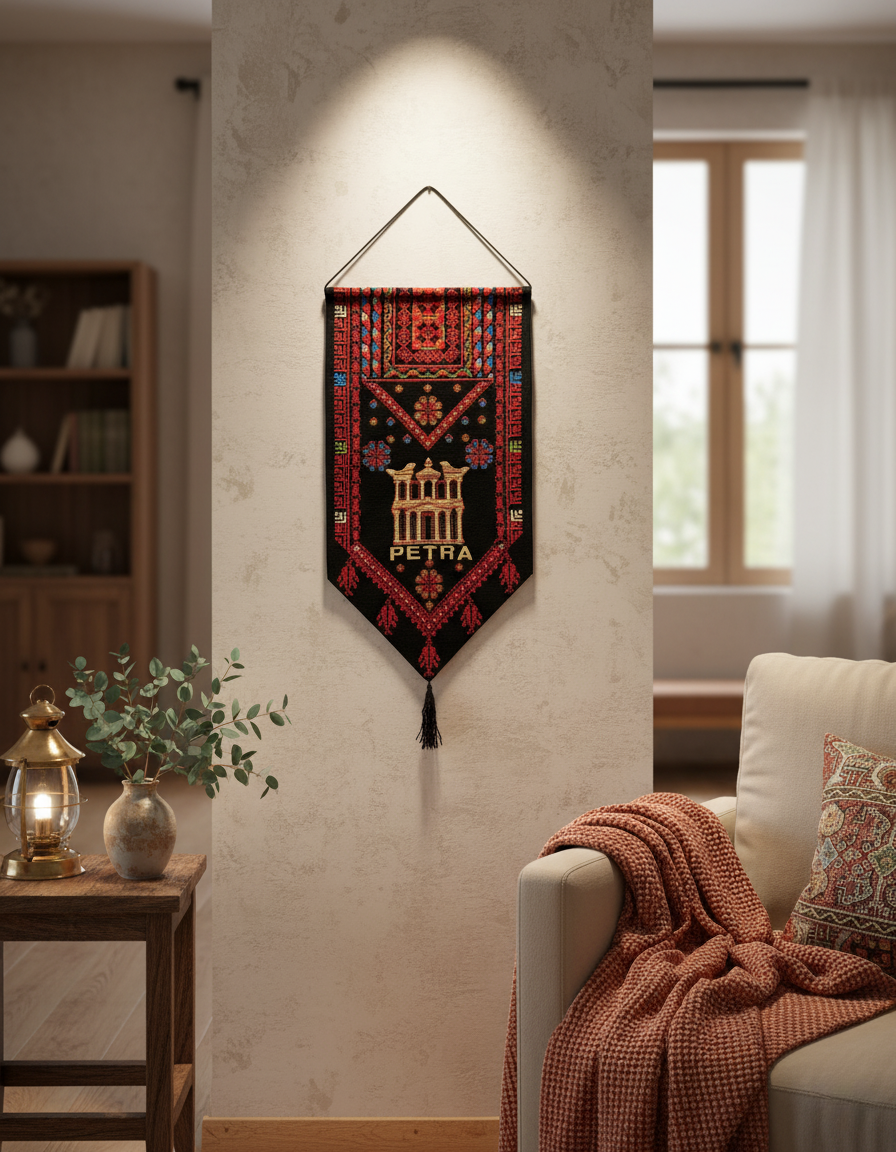 Modern Embroidered Fabric Wall Art | Black & Red-P