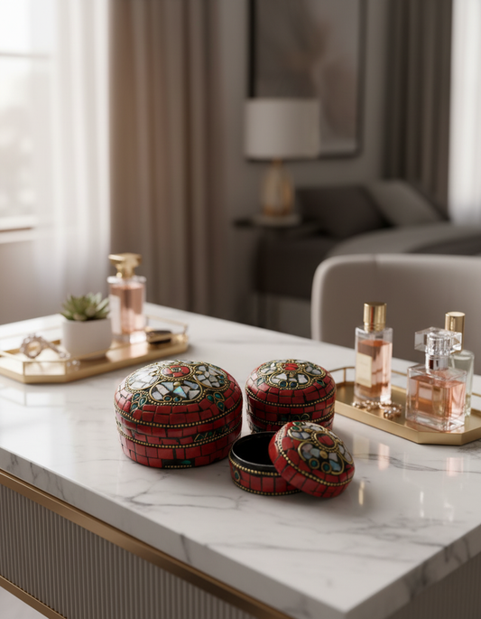 مجموعة من ٣ صناديق معدنية دائرية من الفسيفساء | تصميم هندي عتيق