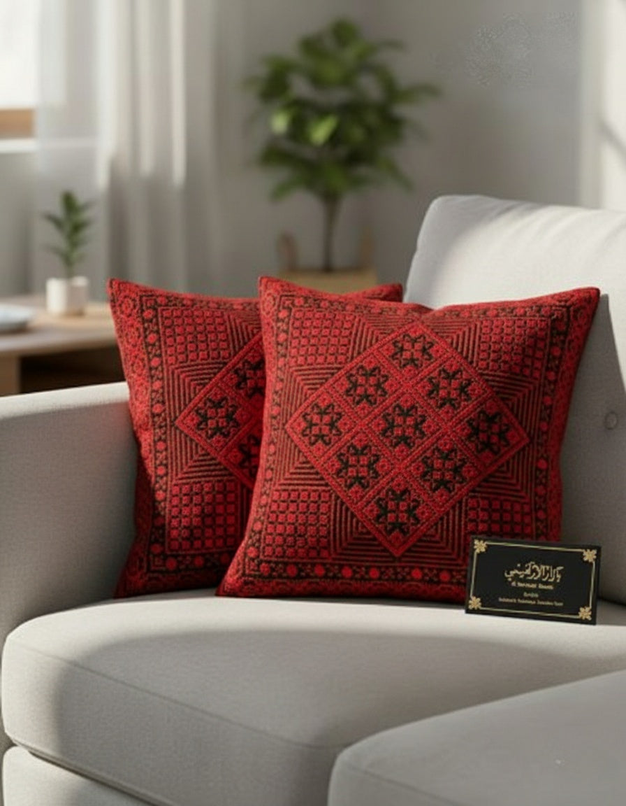 Embroidered Square Pillow Cover, 18x18 Decorative Cushion Case with Hidden Zipper, Boho Cotton Linen, Sofa/Bed