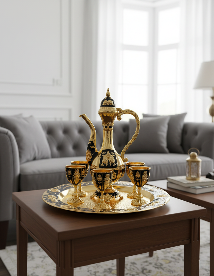 Decorative Round Tray with Cups | Copper Center