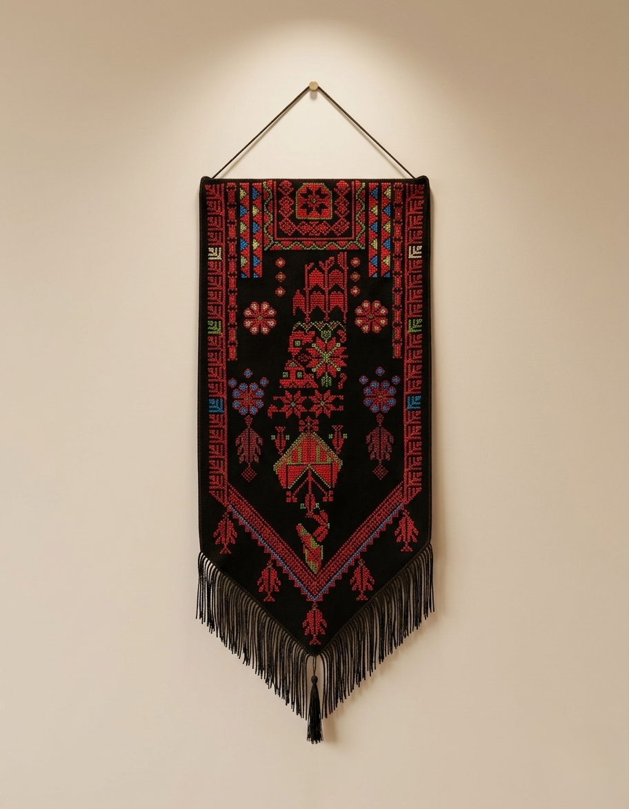 Modern Embroidered Fabric Wall Art | Black & Red-P