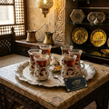 Turkish Tea Set | Ornate Silver Zamac Tray & 6 Glass Cups with Sugar Bowl