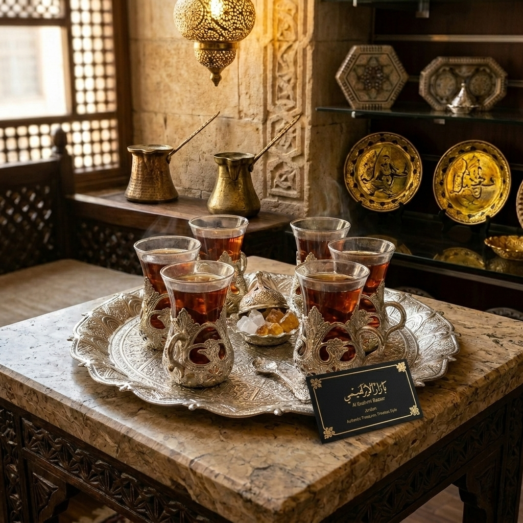 Turkish Tea Set | Ornate Silver Zamac Tray & 6 Glass Cups with Sugar Bowl