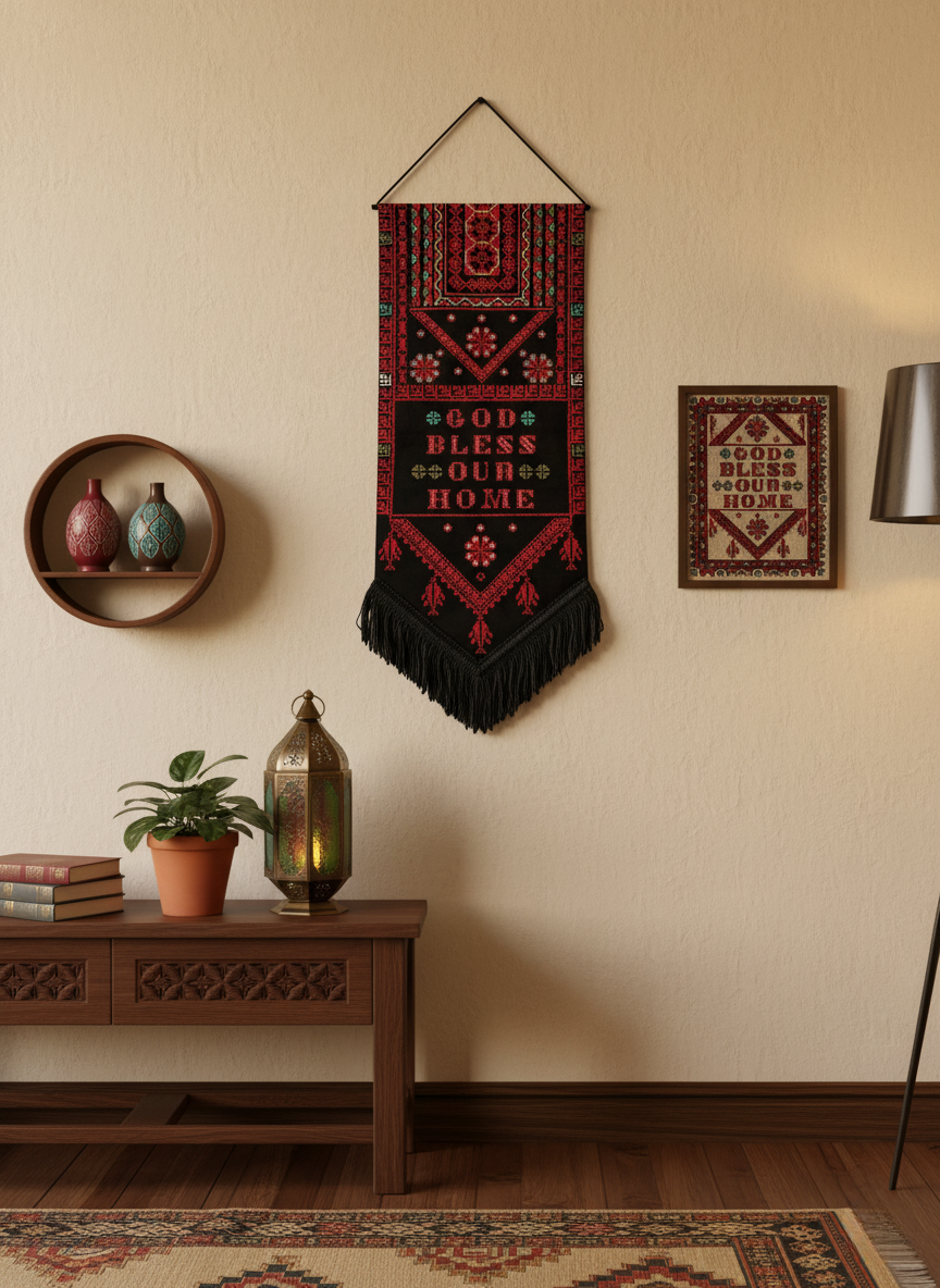 Modern Embroidered Fabric Wall Art | Black & Red