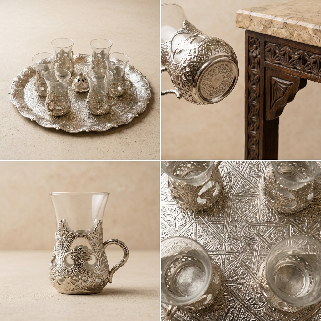 Turkish Tea Set | Ornate Silver Zamac Tray & 6 Glass Cups with Sugar Bowl