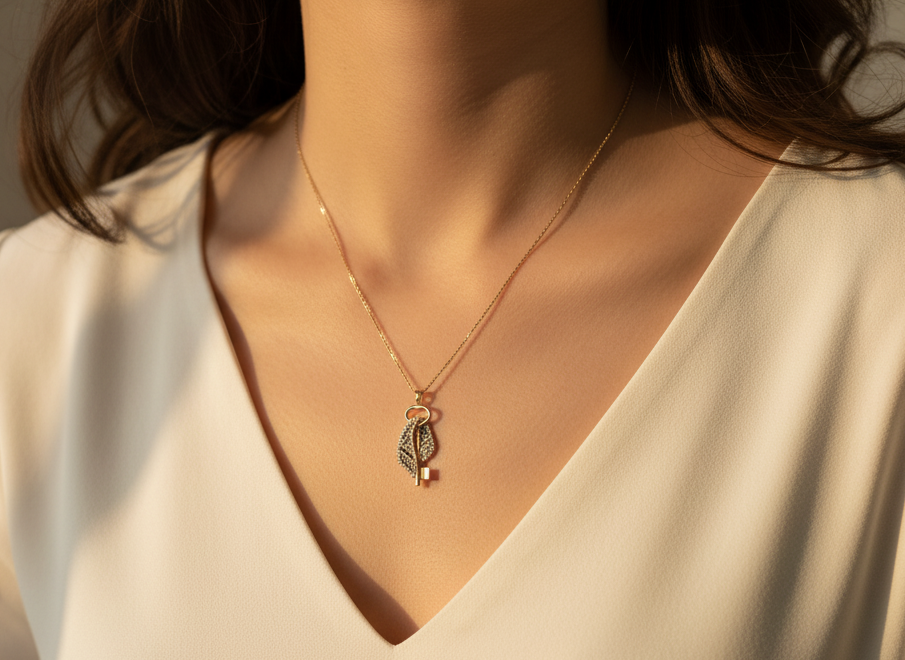 قلادة ذهبية مع مفتاح وقلادة كوفية صغيرة