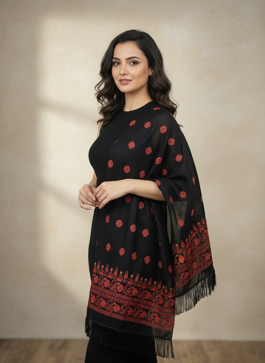 Women's Black Hand-Embroidered Georgette Scarf - Versatile - Traditional Design