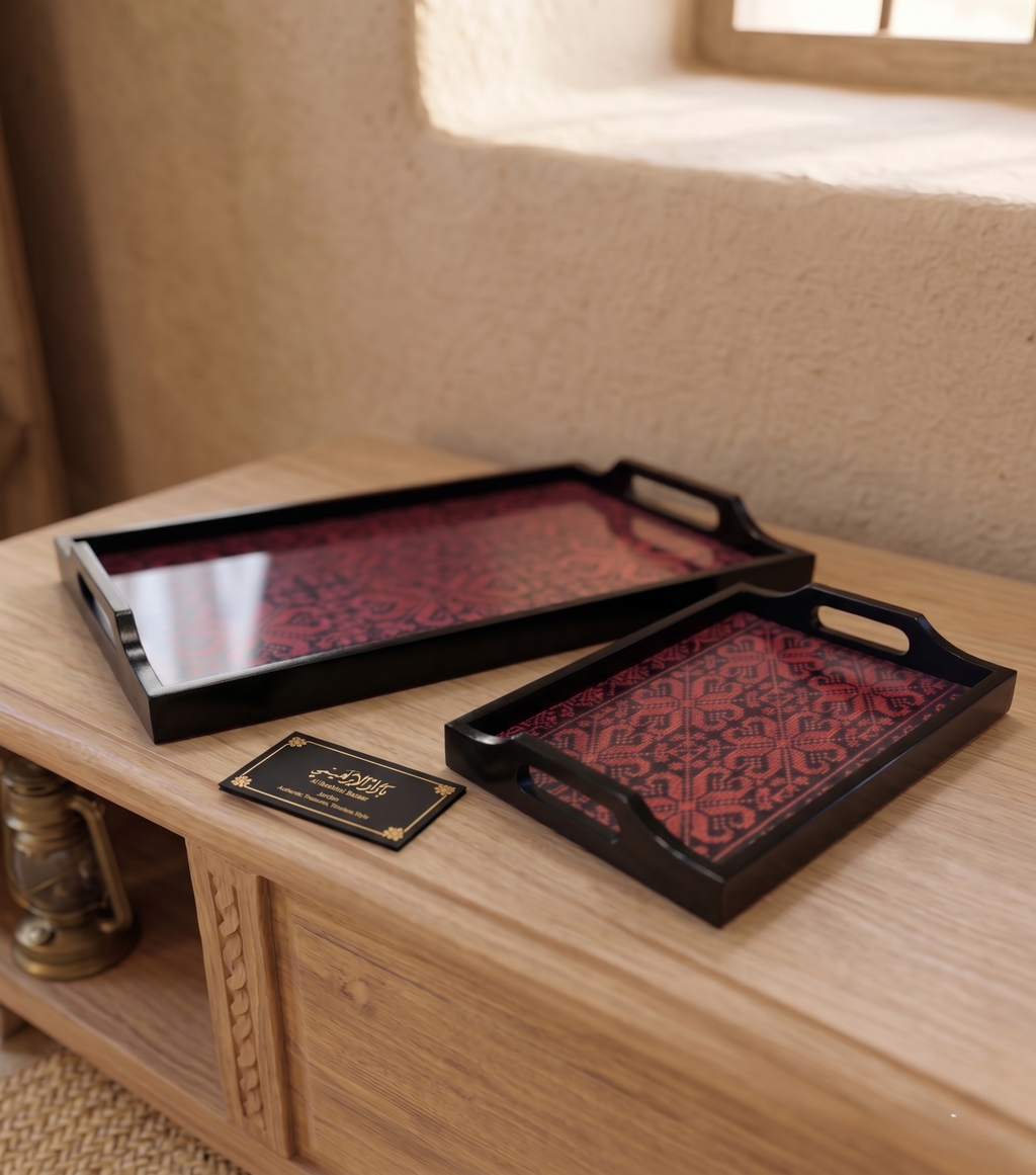 Embroidered Wooden Serving Trays with Glass Top – Handmade Gift for Ramadan & Special Occasions