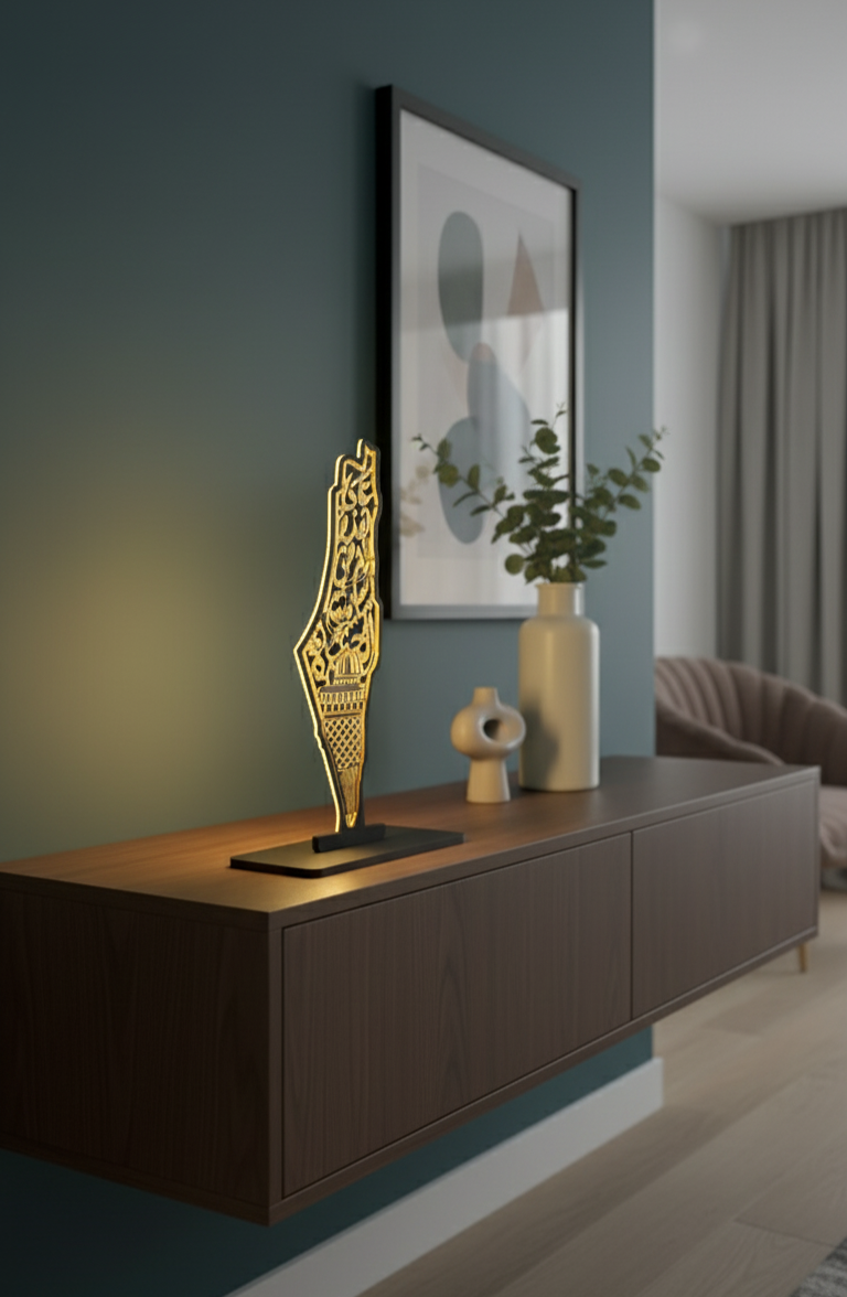 خريطة فلسطين ديكور خشبي | قاعدة مفاتيح ذهبية اللون