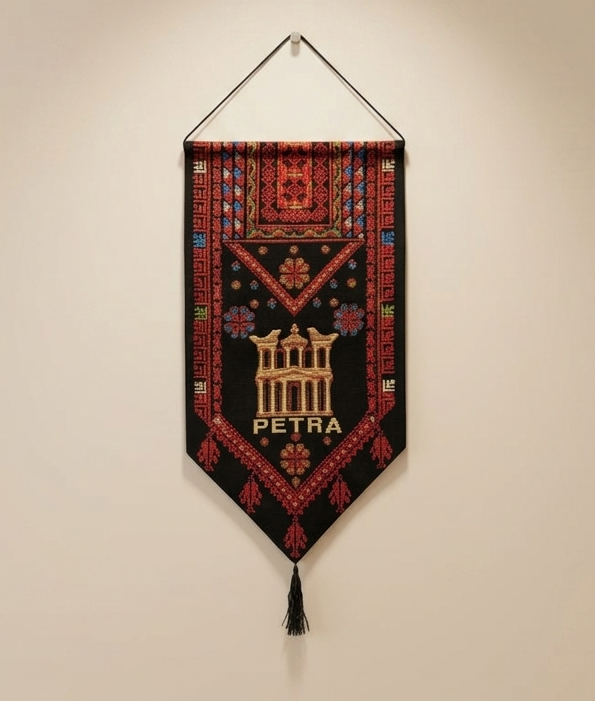 Modern Embroidered Fabric Wall Art | Black & Red-P