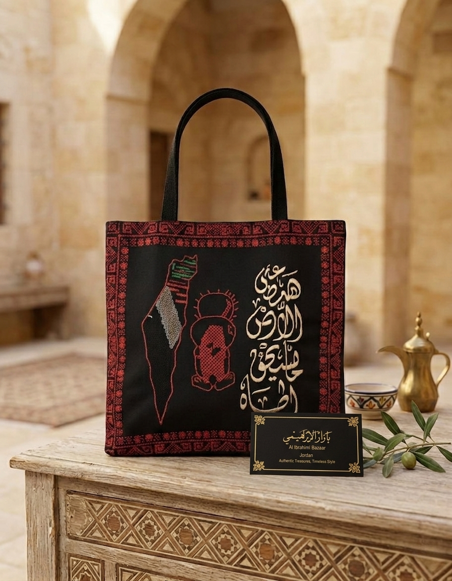 Embroidered Velvet Shoulder Bag - "On This Land, Life Is Worth Living" | Palestinian Heritage